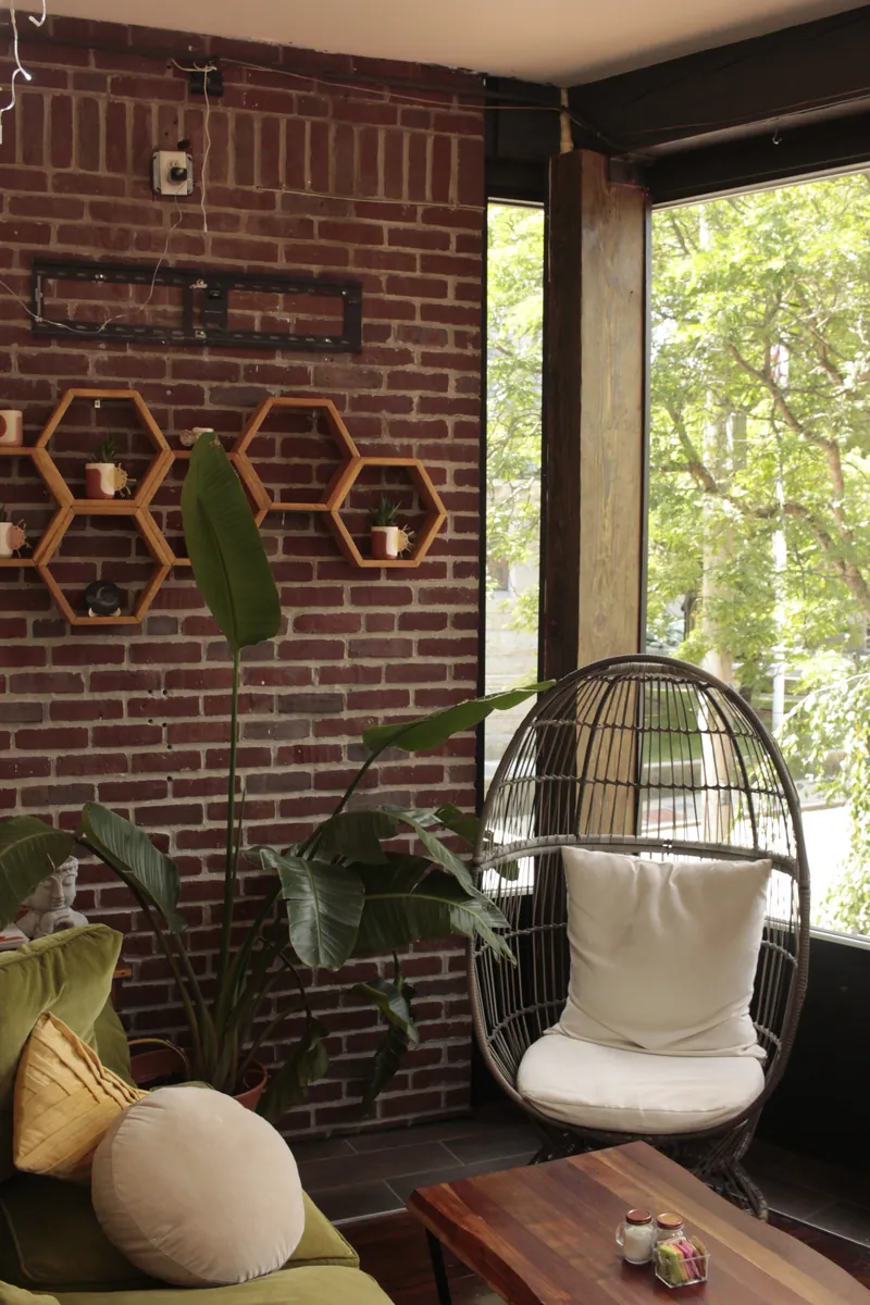 Rattan egg chair by the window with exposed brick, hexagon shelves, and a bird of paradise plant
